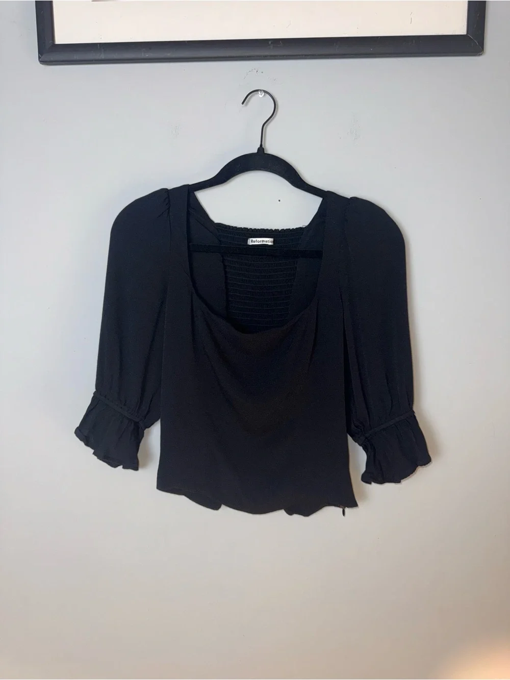 Reformation Black Square-Neck Puff Sleeve Blouse